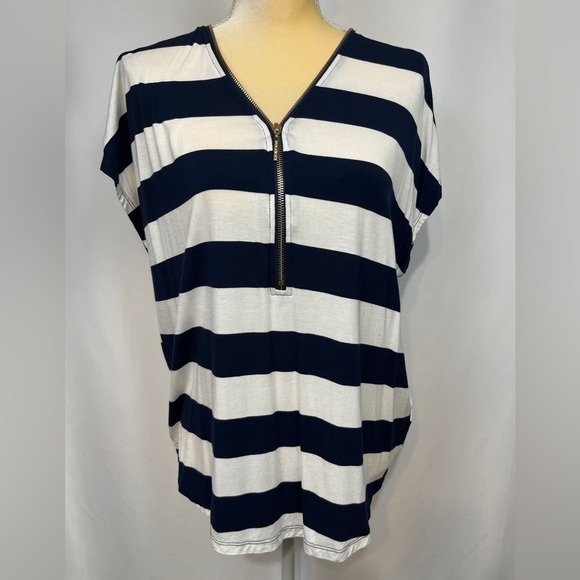 Lavish Tops - Dark Blue and White Striped Short Sleeve Blouse Small